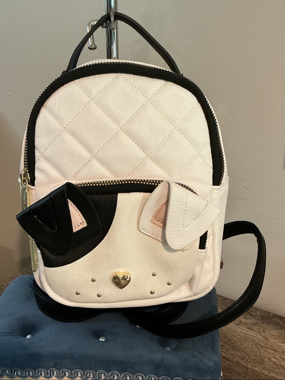 Betsey Johnson White and Black Quilted Puppy Mini Backpack
